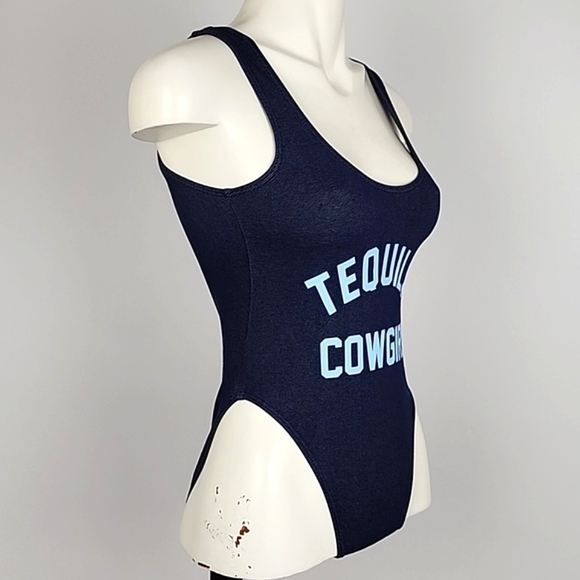 One Piece Women's Swimsuit Dark Denim Tequila Cowgirl Blue Print Size S/M - Picture 2 of 14